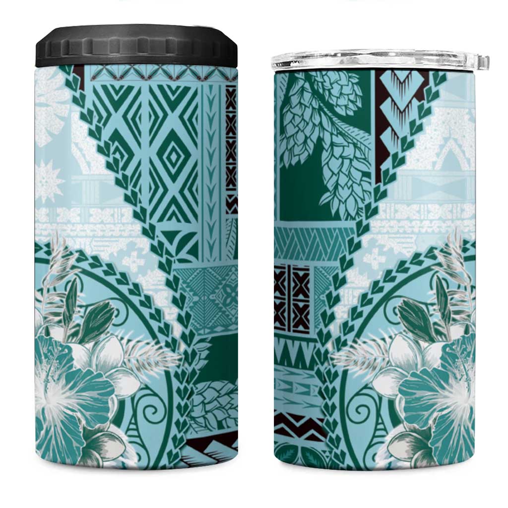 Samoa Siapo Elegant 4 in 1 Can Cooler Tumbler Hibiscus Teal Motifs - Polynesian Pride