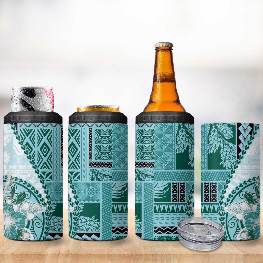 Samoa Siapo Elegant 4 in 1 Can Cooler Tumbler Hibiscus Teal Motifs - Polynesian Pride