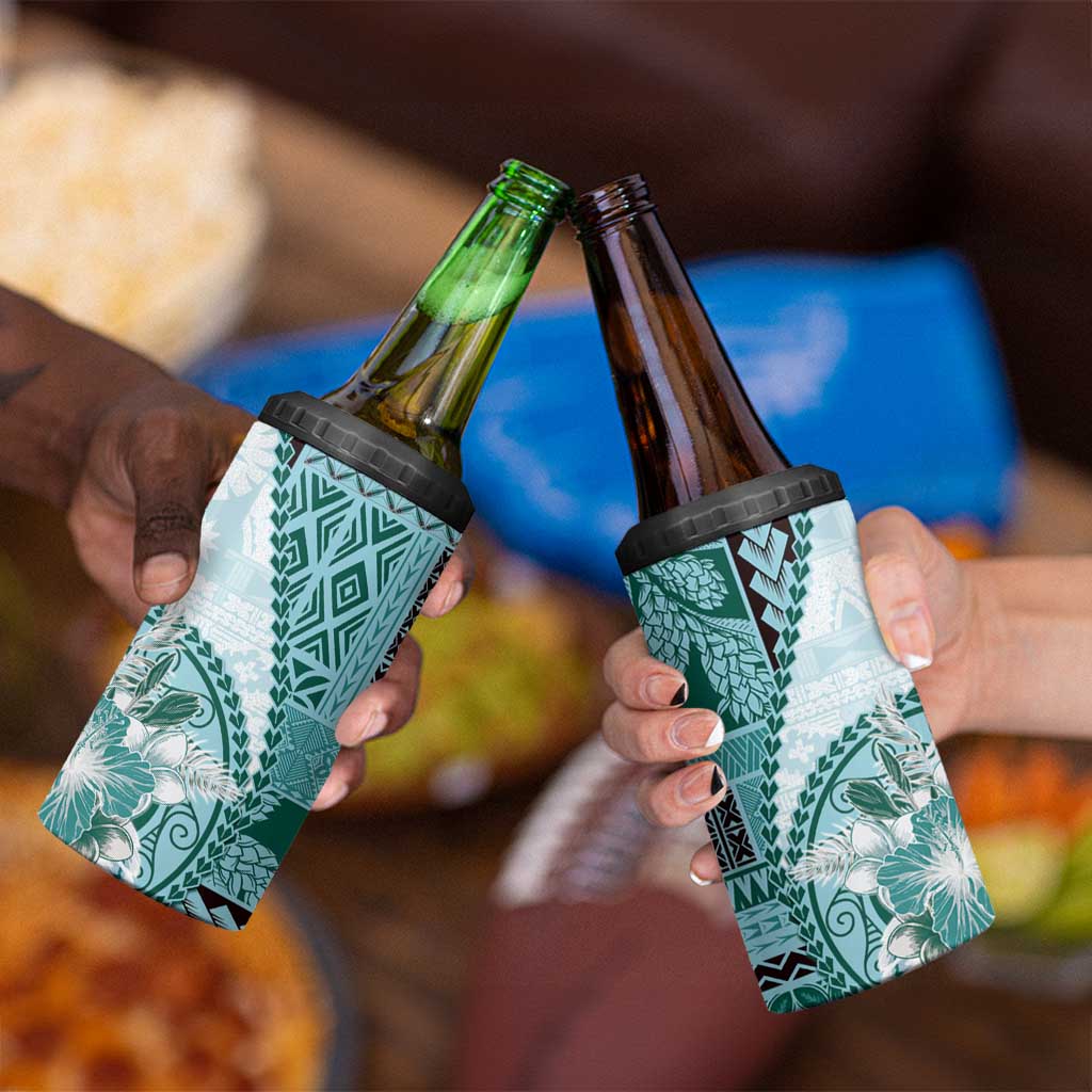 Samoa Siapo Elegant 4 in 1 Can Cooler Tumbler Hibiscus Teal Motifs - Polynesian Pride