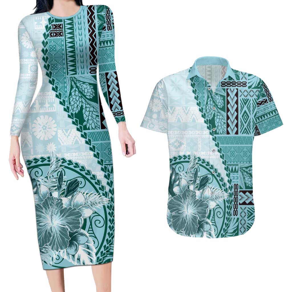 Samoa Siapo Elegant Couples Matching Long Sleeve Bodycon Dress and Hawaiian Shirt Hibiscus Teal Motifs - Polynesian Pride