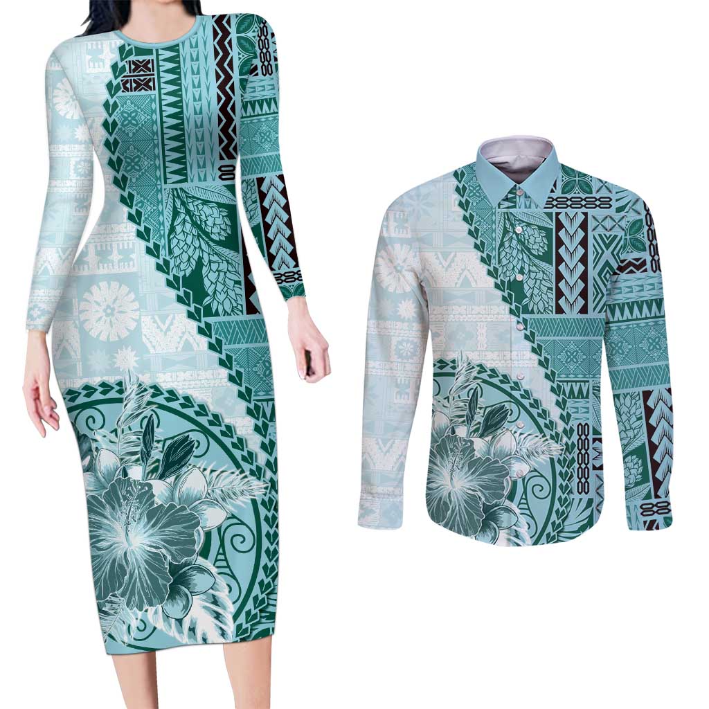 Samoa Siapo Elegant Couples Matching Long Sleeve Bodycon Dress and Long Sleeve Button Shirt Hibiscus Teal Motifs - Polynesian Pride