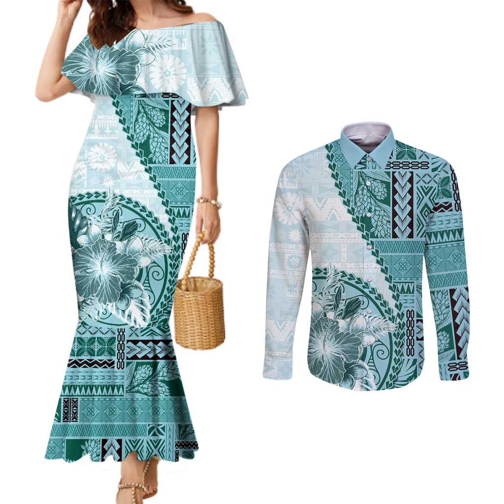 Samoa Siapo Elegant Couples Matching Mermaid Dress and Long Sleeve Button Shirt Hibiscus Teal Motifs - Polynesian Pride