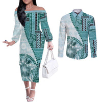 Samoa Siapo Elegant Couples Matching Off The Shoulder Long Sleeve Dress and Long Sleeve Button Shirt Hibiscus Teal Motifs - Polynesian Pride