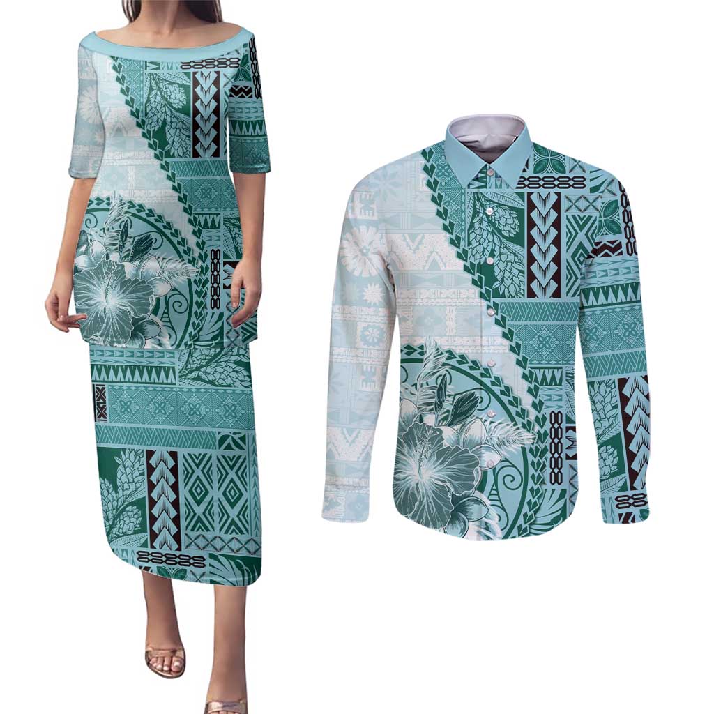 Samoa Siapo Elegant Couples Matching Puletasi and Long Sleeve Button Shirt Hibiscus Teal Motifs - Polynesian Pride