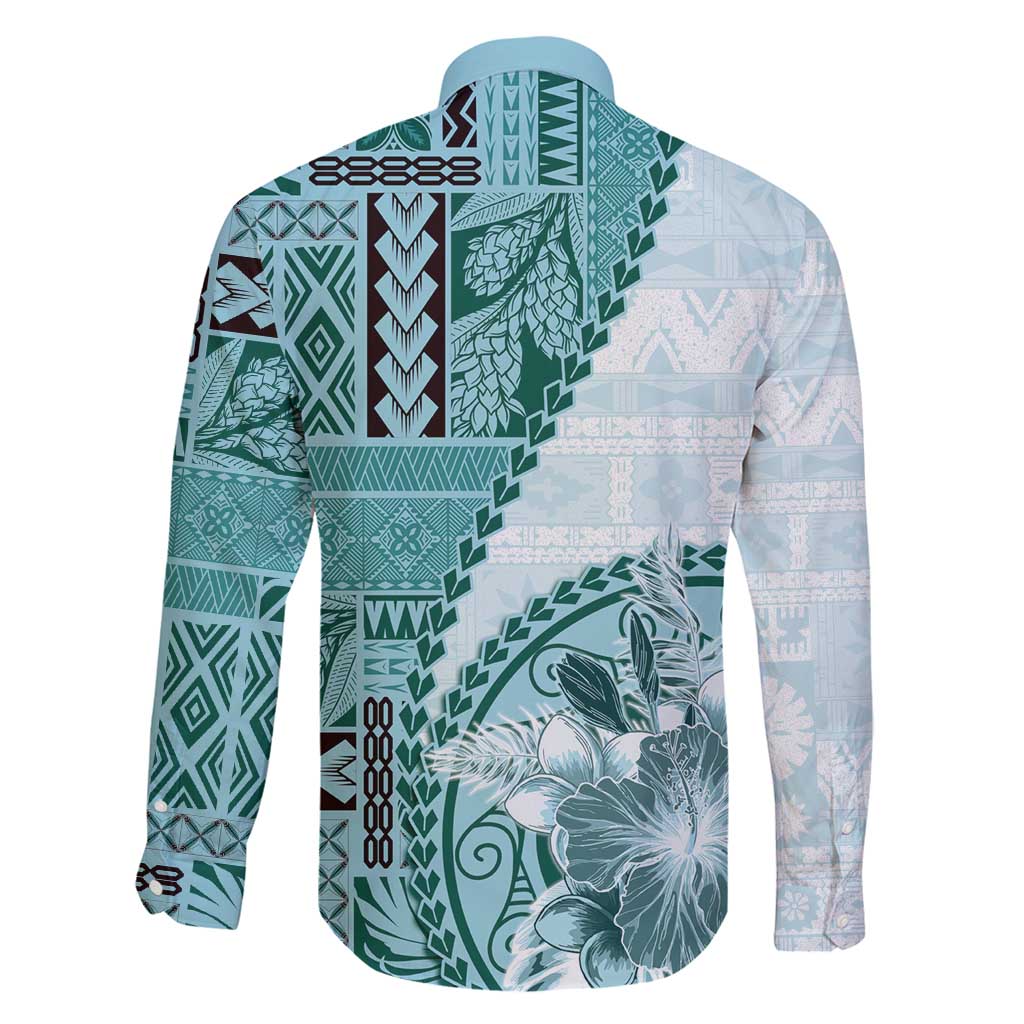 Samoa Siapo Elegant Family Matching Long Sleeve Bodycon Dress and Hawaiian Shirt Hibiscus Teal Motifs - Polynesian Pride
