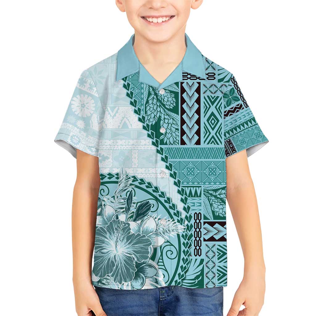 Samoa Siapo Elegant Family Matching Long Sleeve Bodycon Dress and Hawaiian Shirt Hibiscus Teal Motifs - Polynesian Pride