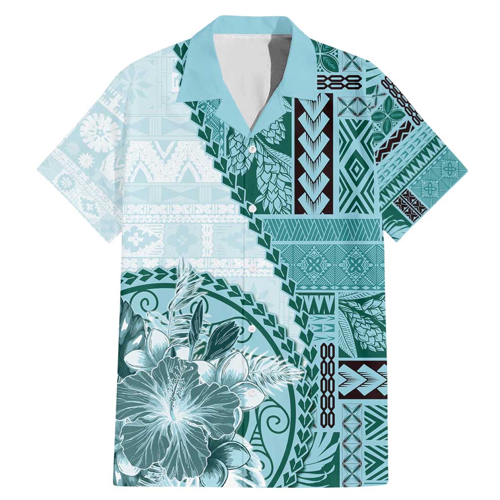 Samoa Siapo Elegant Family Matching Mermaid Dress and Hawaiian Shirt Hibiscus Teal Motifs - Polynesian Pride