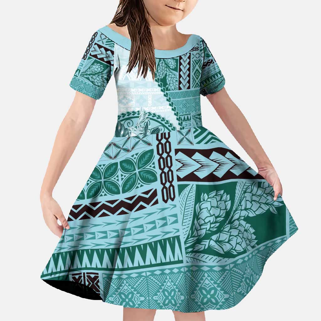 Samoa Siapo Elegant Family Matching Off Shoulder Maxi Dress and Hawaiian Shirt Hibiscus Teal Motifs - Polynesian Pride