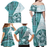 Samoa Siapo Elegant Family Matching Off Shoulder Maxi Dress and Hawaiian Shirt Hibiscus Teal Motifs - Polynesian Pride