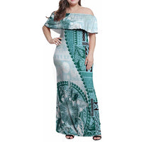 Samoa Siapo Elegant Family Matching Off Shoulder Maxi Dress and Hawaiian Shirt Hibiscus Teal Motifs - Polynesian Pride