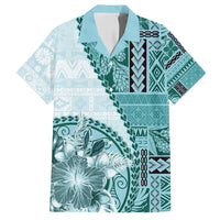 Samoa Siapo Elegant Family Matching Off Shoulder Short Dress and Hawaiian Shirt Hibiscus Teal Motifs - Polynesian Pride