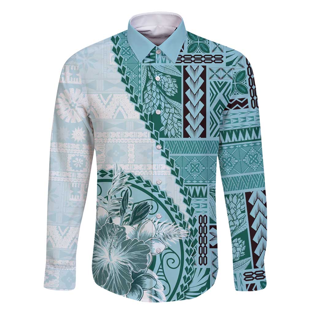 Samoa Siapo Elegant Family Matching Off Shoulder Short Dress and Hawaiian Shirt Hibiscus Teal Motifs - Polynesian Pride