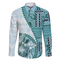 Samoa Siapo Elegant Family Matching Off Shoulder Short Dress and Hawaiian Shirt Hibiscus Teal Motifs - Polynesian Pride
