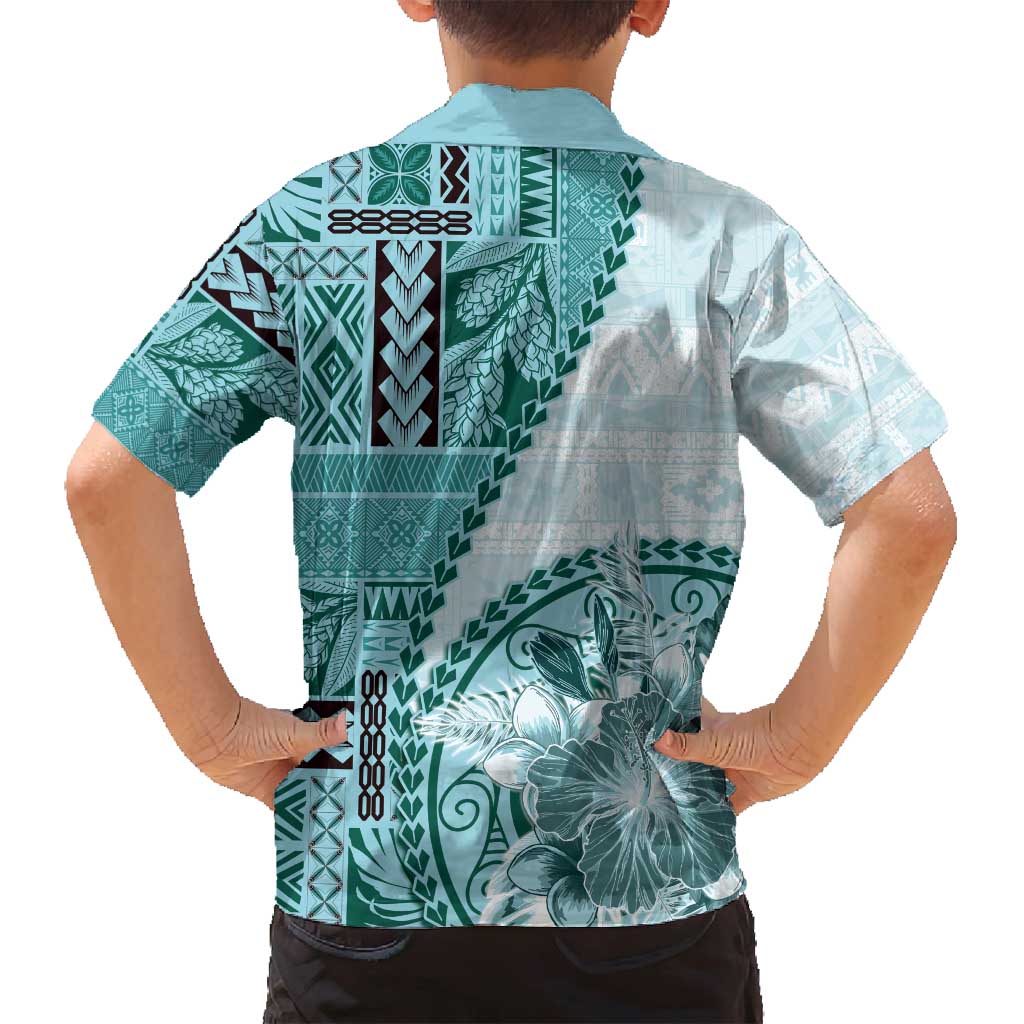Samoa Siapo Elegant Family Matching Puletasi and Hawaiian Shirt Hibiscus Teal Motifs - Polynesian Pride