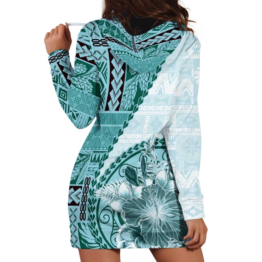 Samoa Siapo Elegant Hoodie Dress Hibiscus Teal Motifs - Polynesian Pride