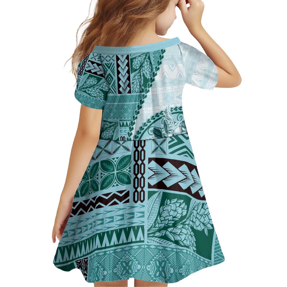 Samoa Siapo Elegant Kid Short Sleeve Dress Hibiscus Teal Motifs - Polynesian Pride
