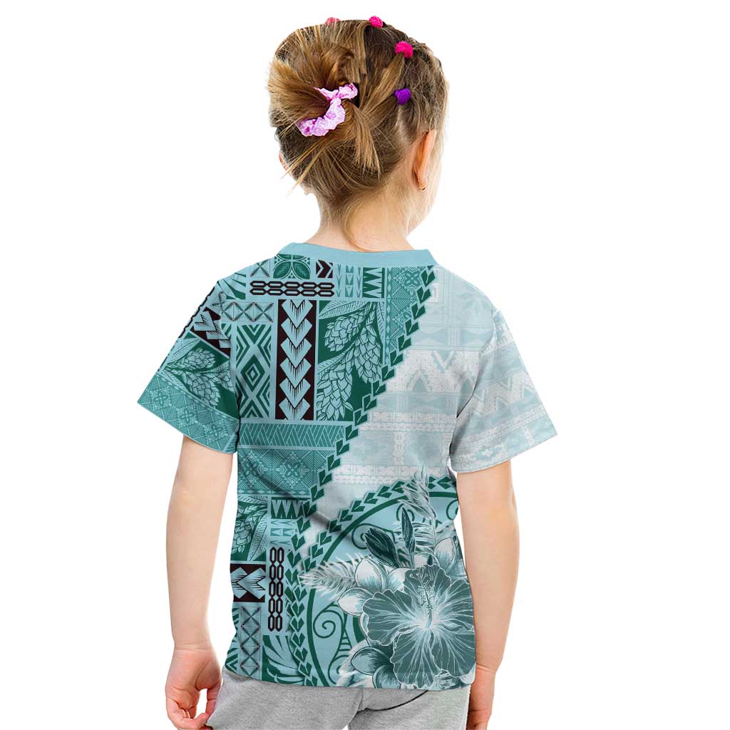 Samoa Siapo Elegant Kid T Shirt Hibiscus Teal Motifs - Polynesian Pride