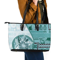 Samoa Siapo Elegant Leather Tote Bag Hibiscus Teal Motifs - Polynesian Pride