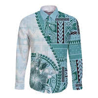 Samoa Siapo Elegant Long Sleeve Button Shirt Hibiscus Teal Motifs - Polynesian Pride