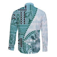 Samoa Siapo Elegant Long Sleeve Button Shirt Hibiscus Teal Motifs - Polynesian Pride