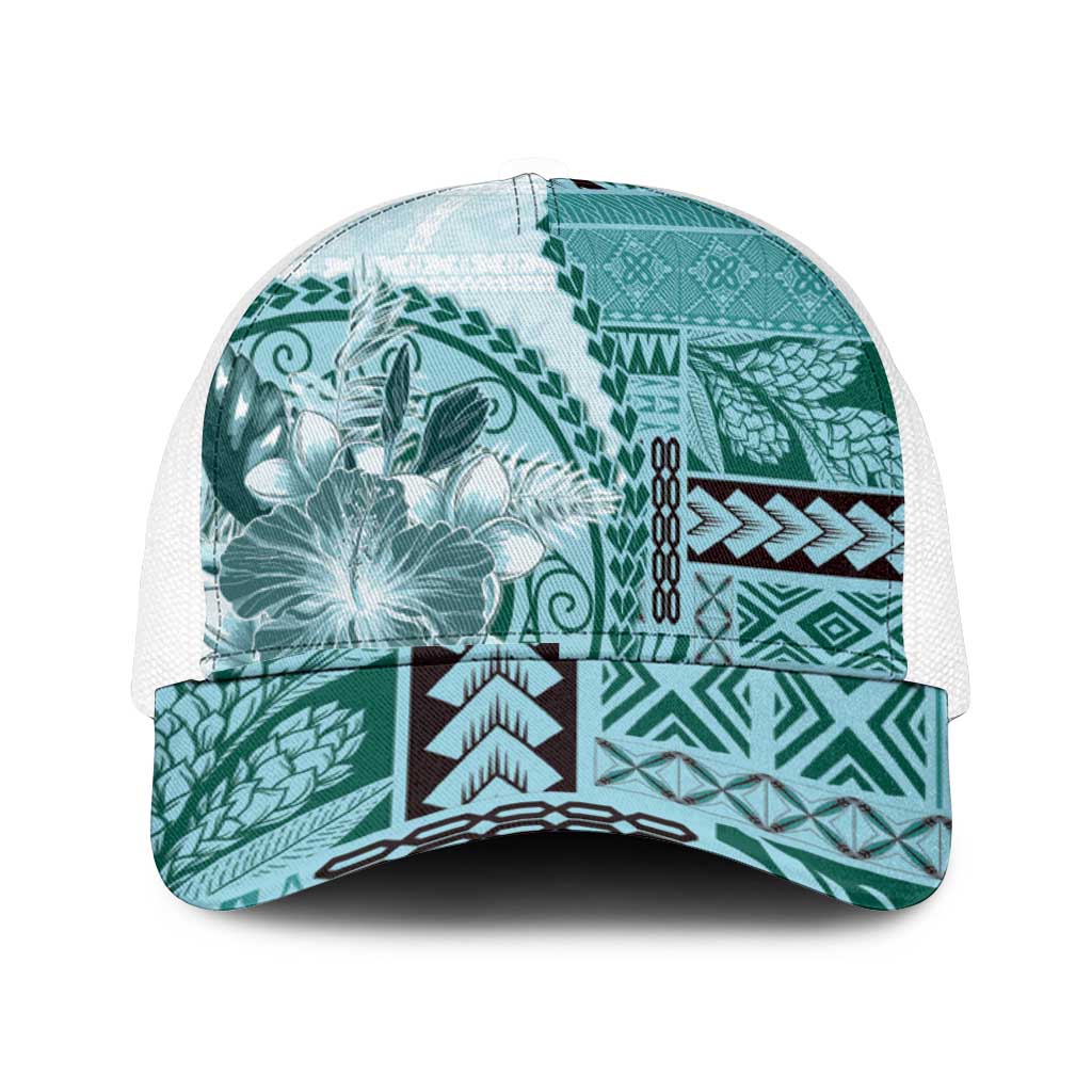 Samoa Siapo Elegant Mesh Trucker Cap Hibiscus Teal Motifs - Polynesian Pride