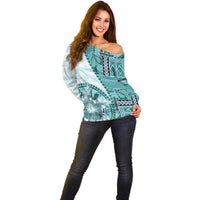 Samoa Siapo Elegant Off Shoulder Sweater Hibiscus Teal Motifs - Polynesian Pride