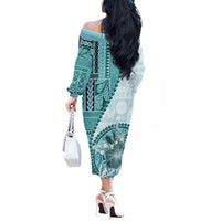 Samoa Siapo Elegant Off The Shoulder Long Sleeve Dress Hibiscus Teal Motifs - Polynesian Pride