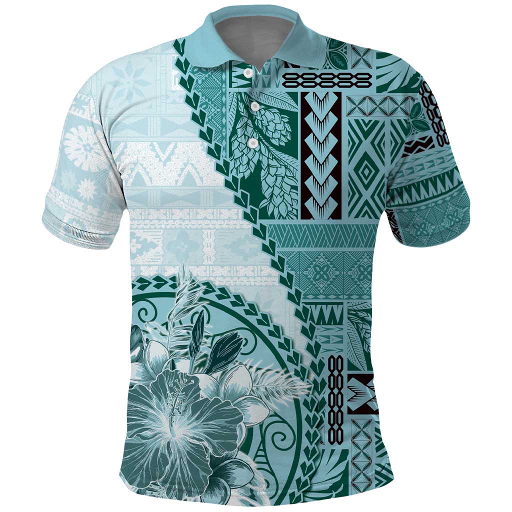 Samoa Siapo Elegant Polo Shirt Hibiscus Teal Motifs - Polynesian Pride