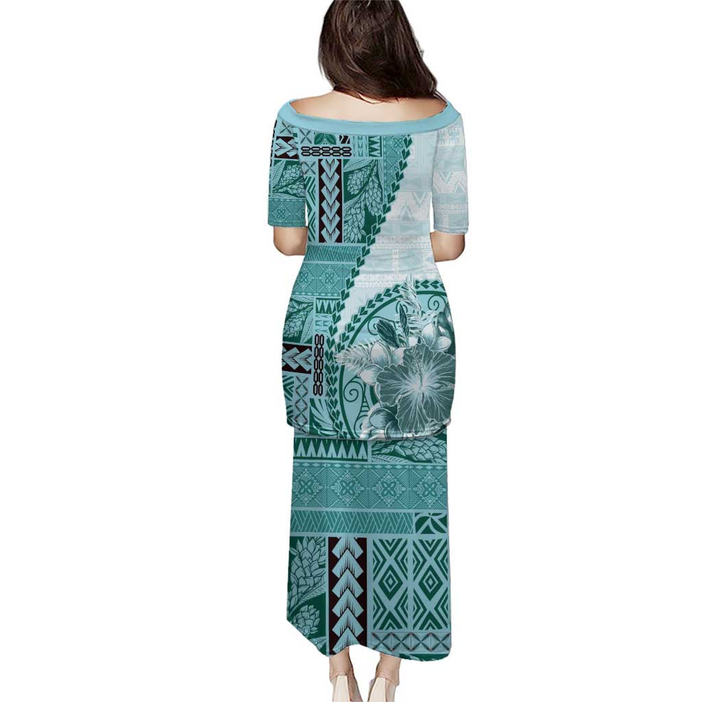 Samoa Siapo Elegant Puletasi Hibiscus Teal Motifs - Polynesian Pride