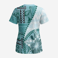 Samoa Siapo Elegant Scrub Top Hibiscus Teal Motifs LT05 - Polynesian Pride