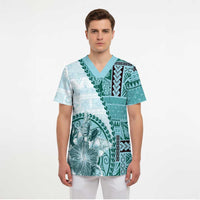 Samoa Siapo Elegant Scrub Top Hibiscus Teal Motifs LT05 - Polynesian Pride