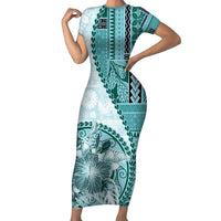 Samoa Siapo Elegant Short Sleeve Bodycon Dress Hibiscus Teal Motifs - Polynesian Pride
