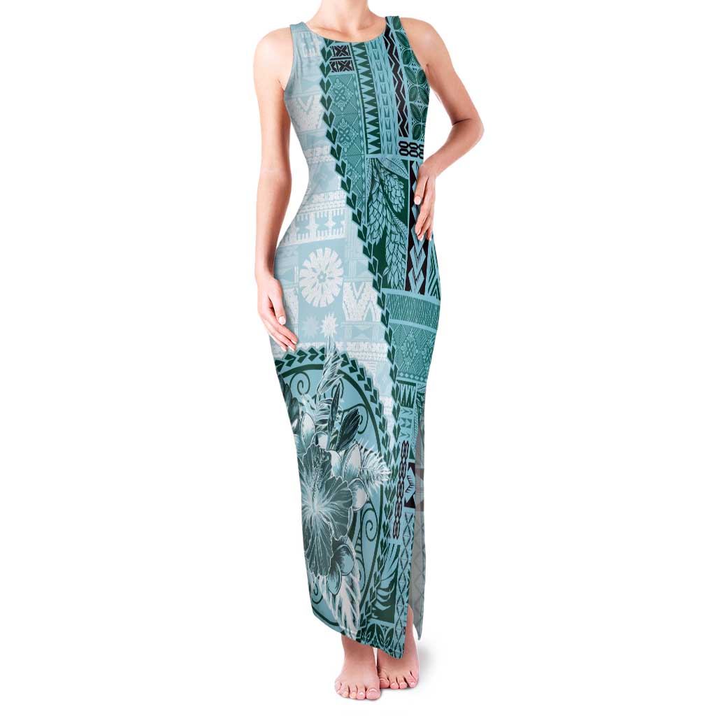 Samoa Siapo Elegant Tank Maxi Dress Hibiscus Teal Motifs - Polynesian Pride