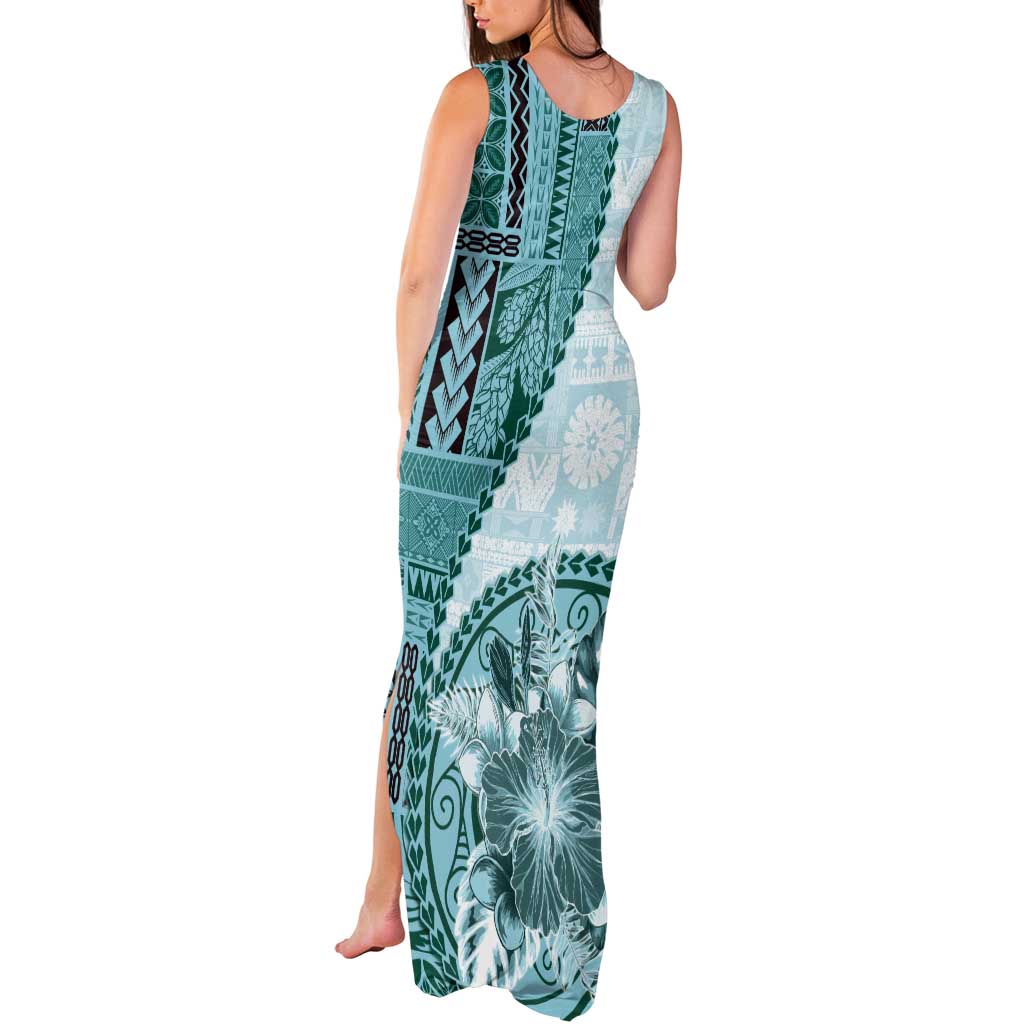 Samoa Siapo Elegant Tank Maxi Dress Hibiscus Teal Motifs - Polynesian Pride