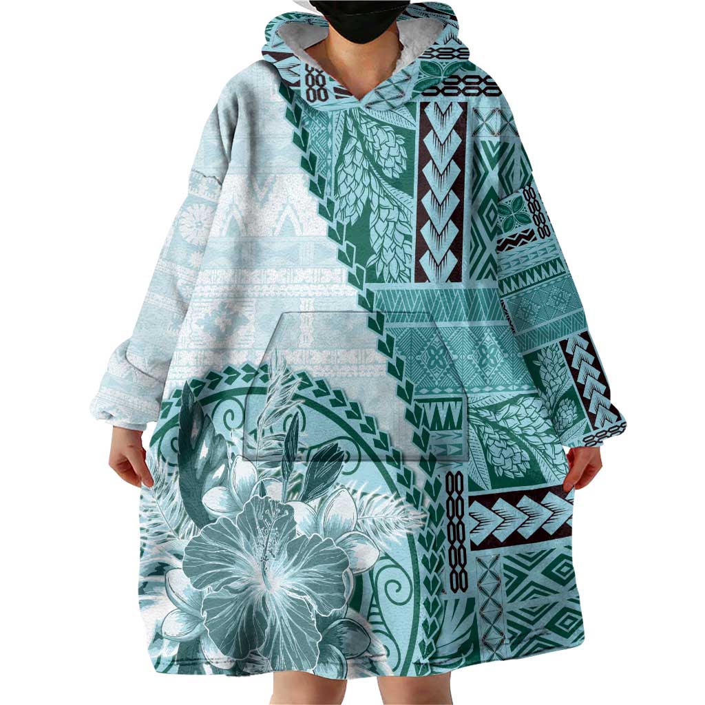 Samoa Siapo Elegant Wearable Blanket Hoodie Hibiscus Teal Motifs - Polynesian Pride