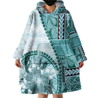 Samoa Siapo Elegant Wearable Blanket Hoodie Hibiscus Teal Motifs - Polynesian Pride