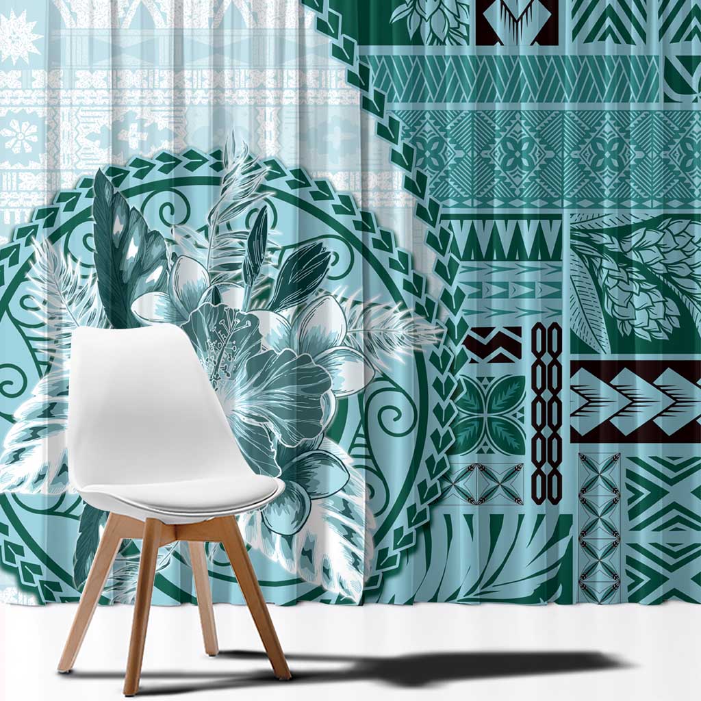 Samoa Siapo Elegant Window Curtain Hibiscus Teal Motifs - Polynesian Pride