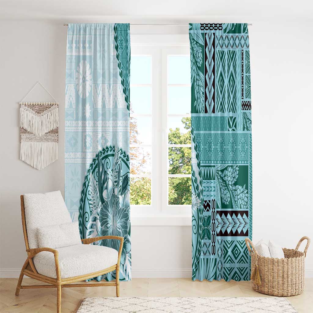 Samoa Siapo Elegant Window Curtain Hibiscus Teal Motifs - Polynesian Pride