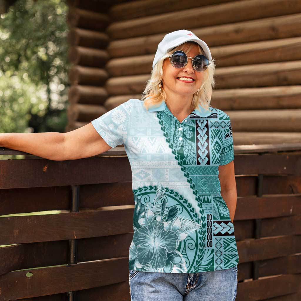 Samoa Siapo Elegant Women Polo Shirt Hibiscus Teal Motifs - Polynesian Pride