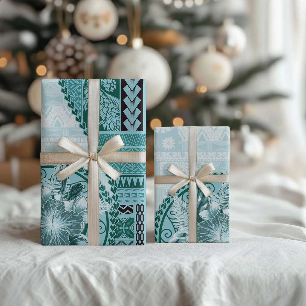 Samoa Siapo Elegant Wrapping Paper Hibiscus Teal Motifs - Polynesian Pride