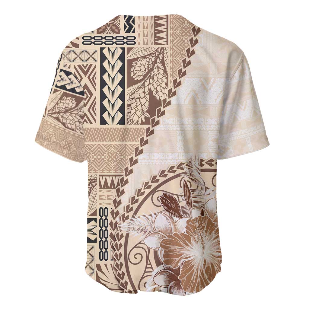 Samoa Siapo Elegant Baseball Jersey Hibiscus Beige Motifs - Polynesian Pride