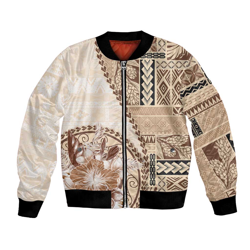 Samoa Siapo Elegant Bomber Jacket Hibiscus Beige Motifs - Polynesian Pride