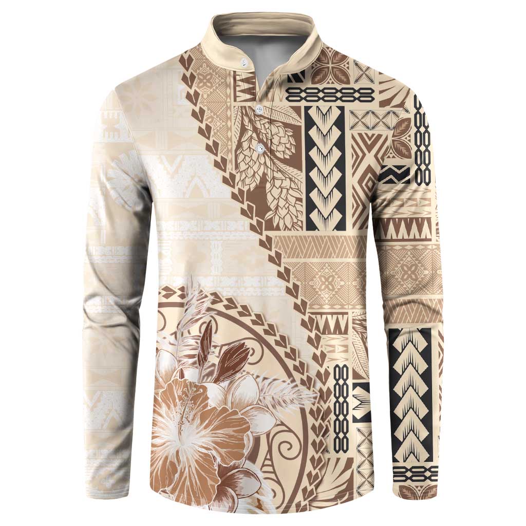 Samoa Siapo Elegant Button Sweatshirt Hibiscus Beige Motifs - Polynesian Pride