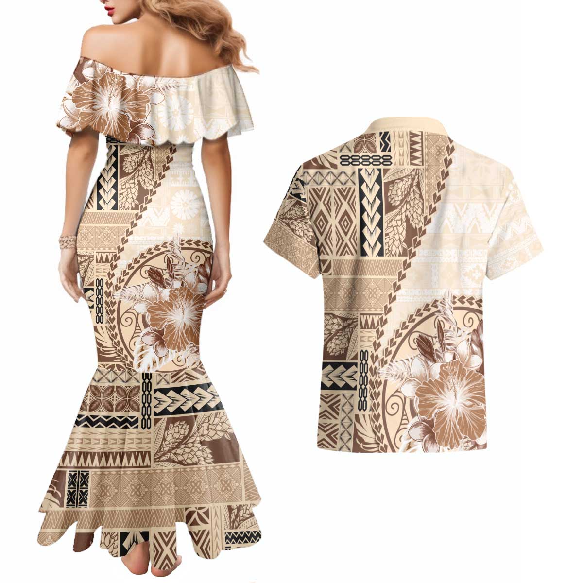Samoa Siapo Elegant Couples Matching Mermaid Dress and Hawaiian Shirt Hibiscus Beige Motifs - Polynesian Pride