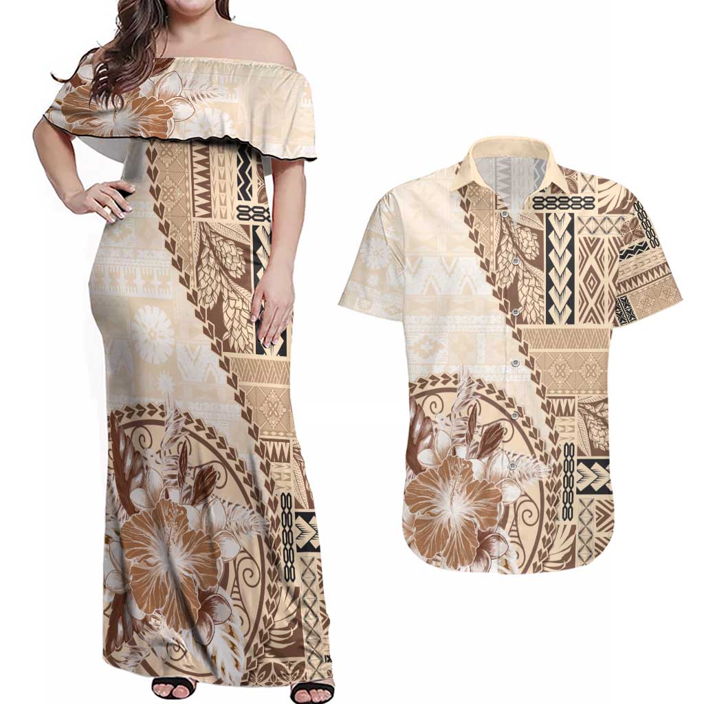 Samoa Siapo Elegant Couples Matching Off Shoulder Maxi Dress and Hawaiian Shirt Hibiscus Beige Motifs - Polynesian Pride
