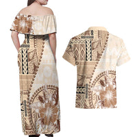Samoa Siapo Elegant Couples Matching Off Shoulder Maxi Dress and Hawaiian Shirt Hibiscus Beige Motifs - Polynesian Pride
