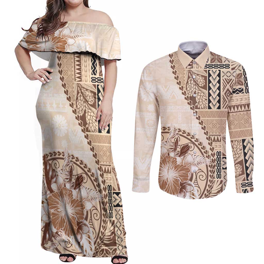 Samoa Siapo Elegant Couples Matching Off Shoulder Maxi Dress and Long Sleeve Button Shirt Hibiscus Beige Motifs - Polynesian Pride
