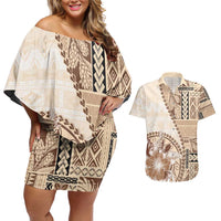 Samoa Siapo Elegant Couples Matching Off Shoulder Short Dress and Hawaiian Shirt Hibiscus Beige Motifs - Polynesian Pride
