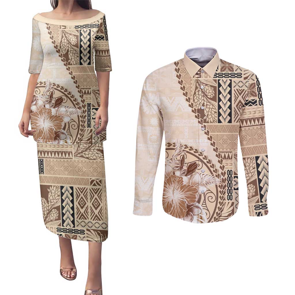 Samoa Siapo Elegant Couples Matching Puletasi and Long Sleeve Button Shirt Hibiscus Beige Motifs - Polynesian Pride