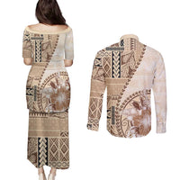 Samoa Siapo Elegant Couples Matching Puletasi and Long Sleeve Button Shirt Hibiscus Beige Motifs - Polynesian Pride